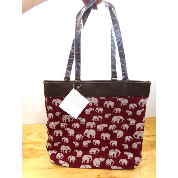 Thirty One Reversible Tote Safari Weave Elephants Maroon / Burgandy‎ NWT - Picture 3 of 5